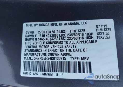 2019 Honda Odyssey Lx from USA, damaged, VIN 5FNRL6H24KB130715